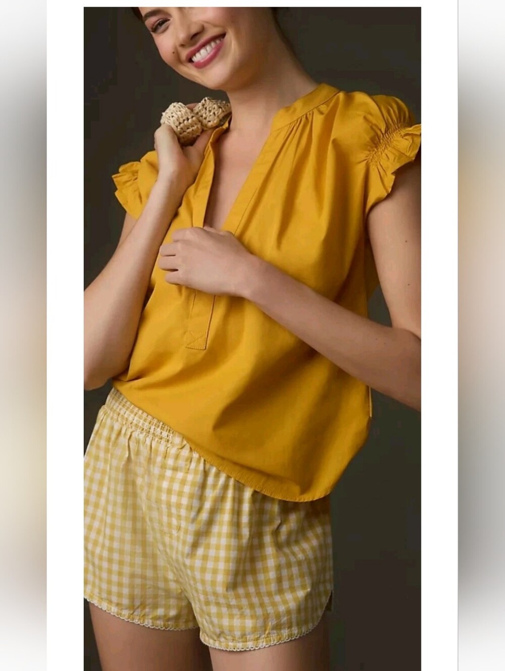 Pilcro Mustard V-Neck Ruffle Cap Sleeve Top